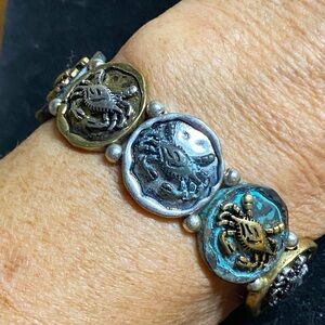 Crab Zodiac Stretch Bracelet Mixed Metals Gold Silver Patina